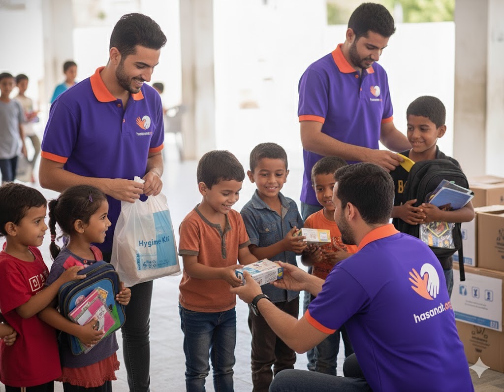 Hasanat volunteers distributing hygiene kits and supplies to children